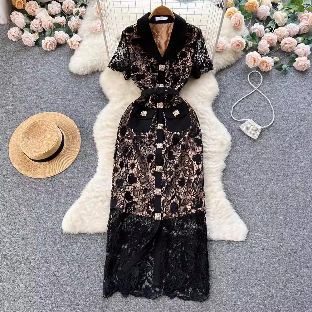 Notched Collar Black Lace Dress Bodycon Summer Holiday Elegant Women's Clothing Runway Design Vintage Party Vestidos Hollow