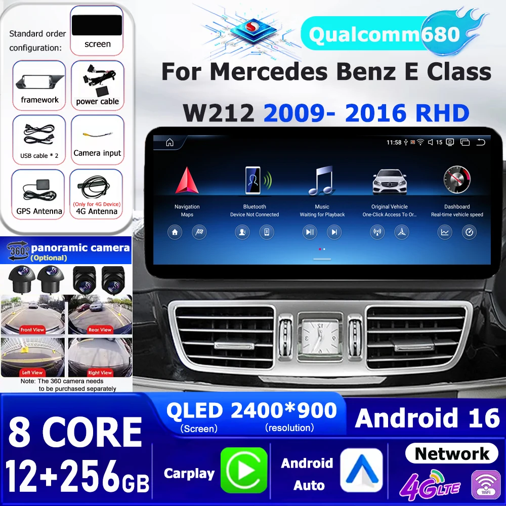 Android 16 Auto Carplay Car Radio Multimedia For Mercedes Benz E Class W212 2009 - 2016 RHD BT DSP Player Stereo GPS Navigation