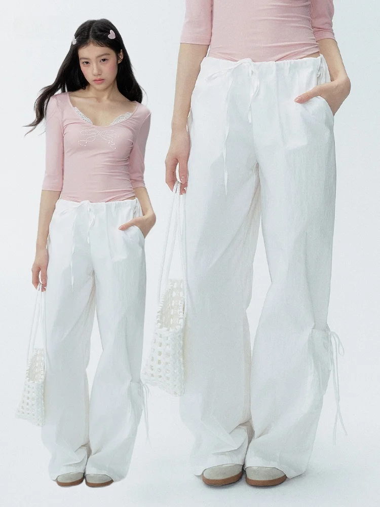 

24olvides Initial Summer Korean Lotus Series Loose Casual White Drawstring Wide Leg Pants Comfortable Loose Fit Leisure Style