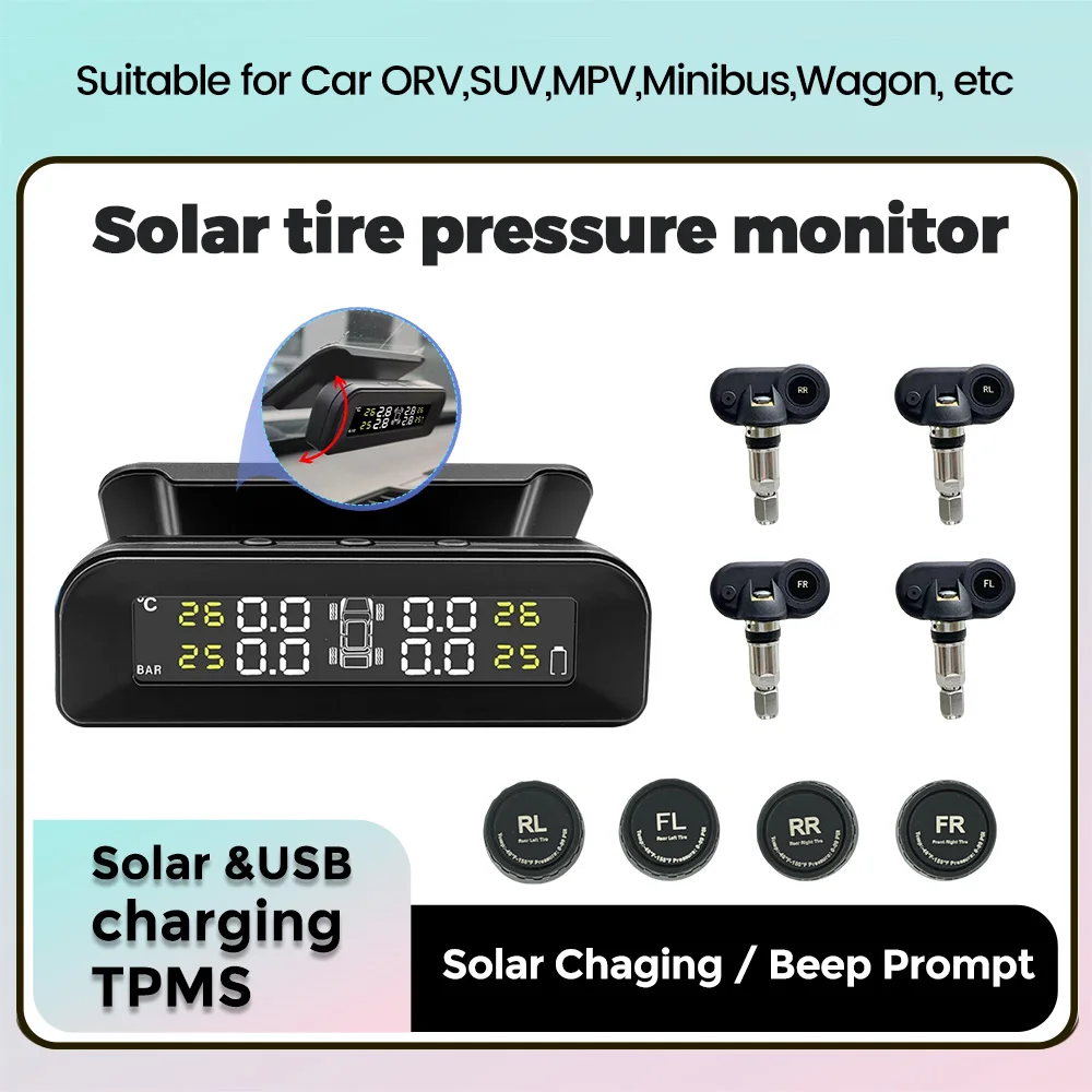 Car Window Mounted TPMS Wireless Intelligent Sensing Tire Pressure Monitoring System Safety Alarm Electronic Clock LCD Display