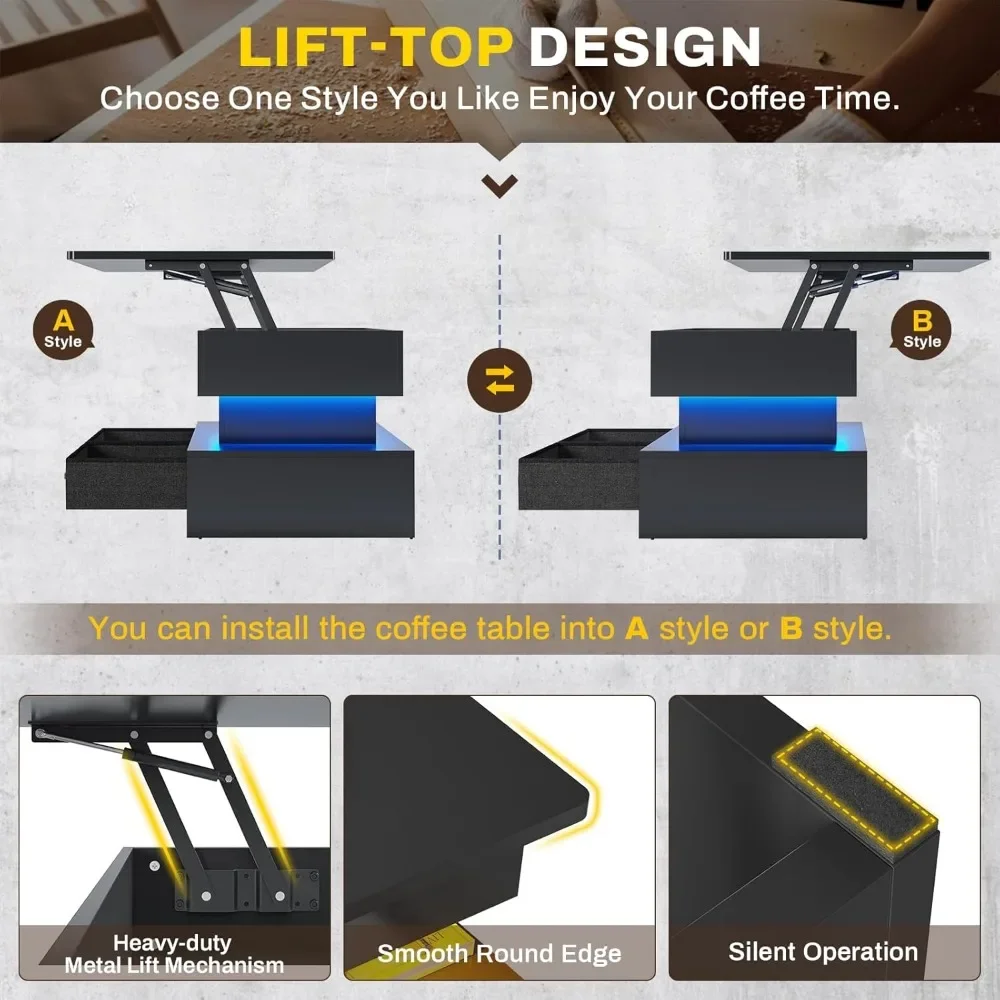 Mesa de centro con elevación superior de 40 pulgadas, mesas de centro con almacenamiento para sala de estar, mesa de centro pequeña con 2 cajones de tela y luz LED