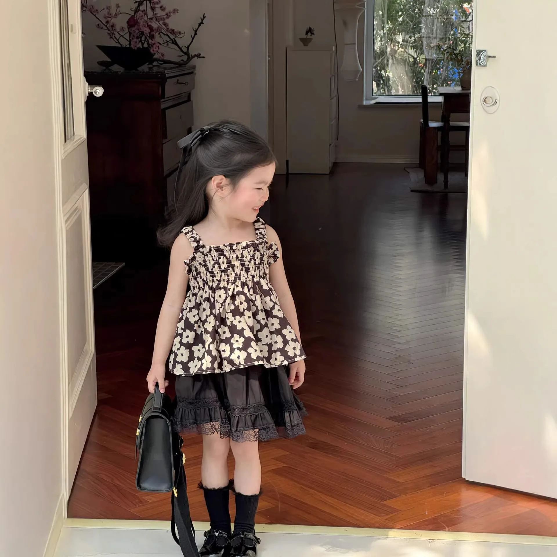 Girls Summer Cute Floral Suspender Pulling Oxford Top Black Lace Skirt Dress Fashion Casual