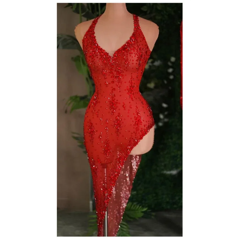 2024 New Design Party Gowns Sparkly Diamonds See Through Mesh Stretch Asymmetrical Dress Personality Celebrity Evening Show Wear