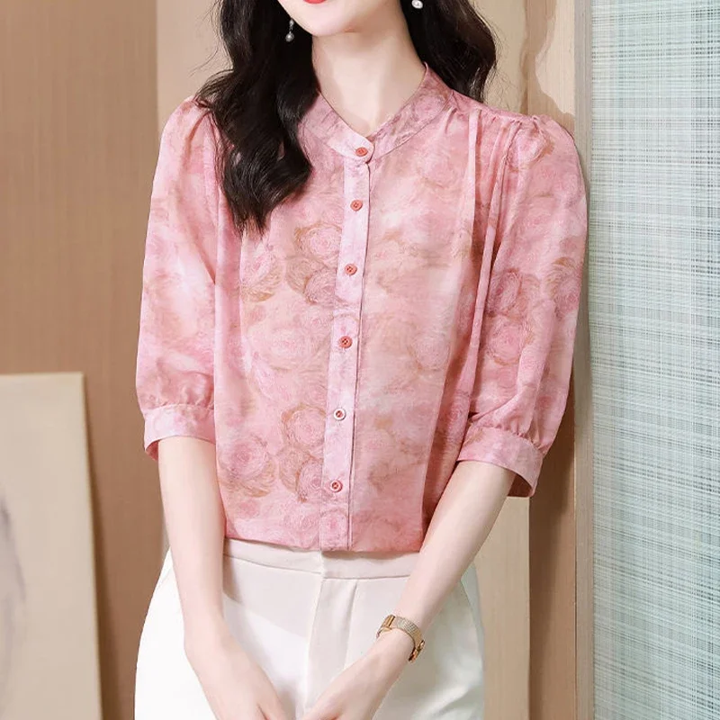 Summer Elegant Fashion Office Lady Shirt Women All Match Loose Casual Print Button Three Quarters Sleeve Round Collar Drape Top