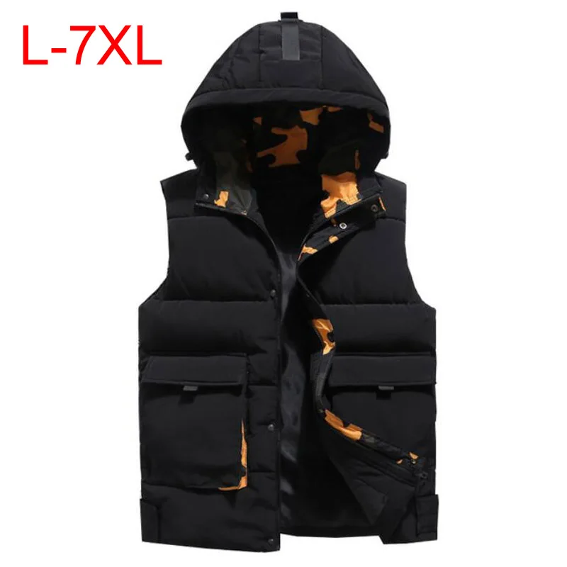 

Men Vest Large Size L- 7XL Winter Sleeveless Jacket Coat New Casual Thick Warm Cotton Padded Big Sizes Hooded Waistcoat Male