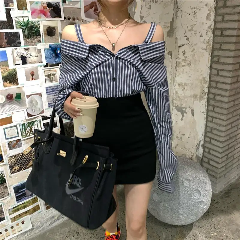 Sexy Fake Two Pieces Blouse Spring Summer New Long Sleeve Off Shoulder Striped Shirt Tops Trend Street Casual Women Clothing