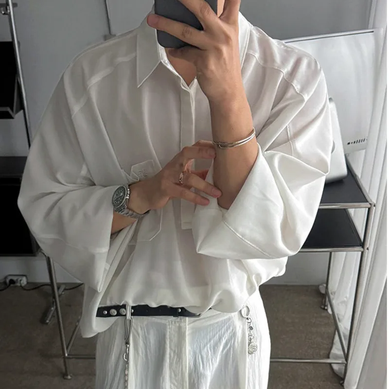 Long Sleeve Casual Men's Black Shirt With Single Pocket Design 2026 New Loose Pullover Blouse Korean Style Tops Chic RUS9