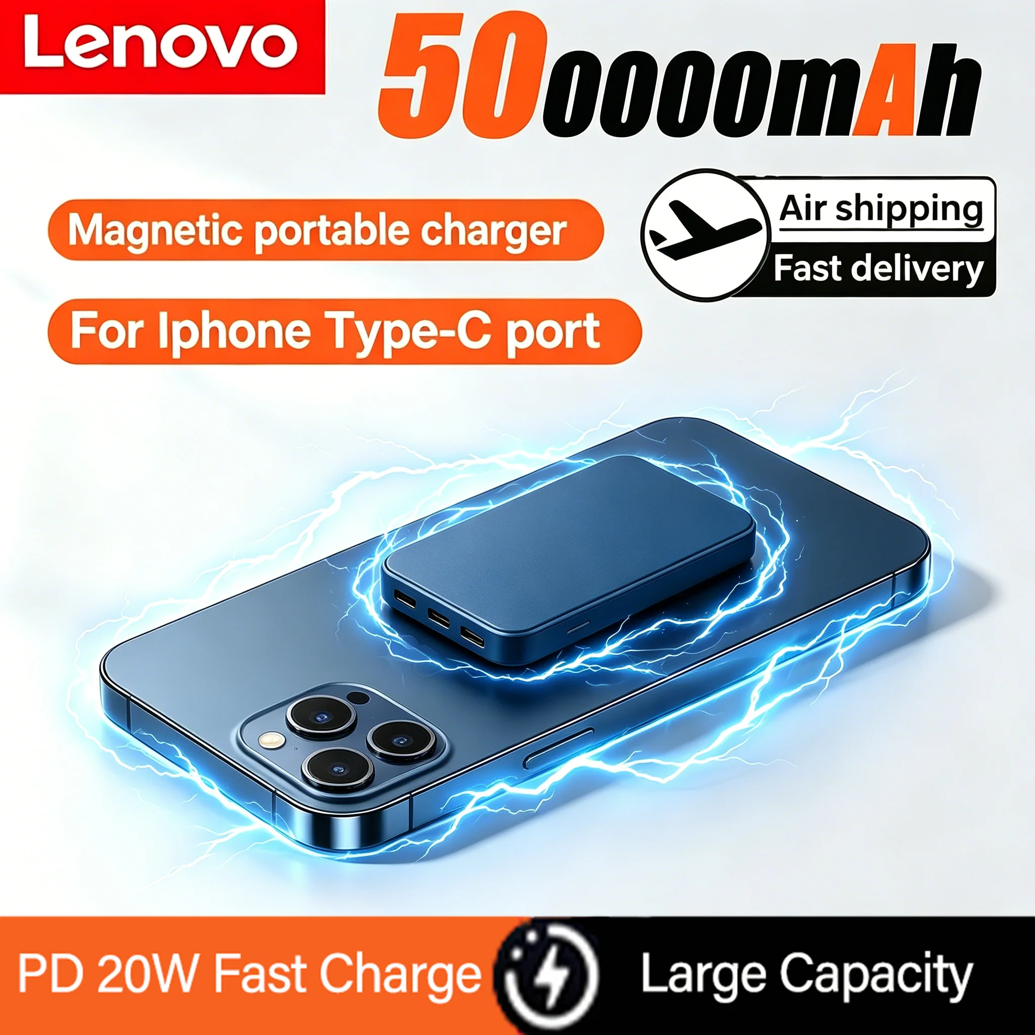 Batería Externa Power Bank Lenovo Inalámbrico Magnético 22,5W