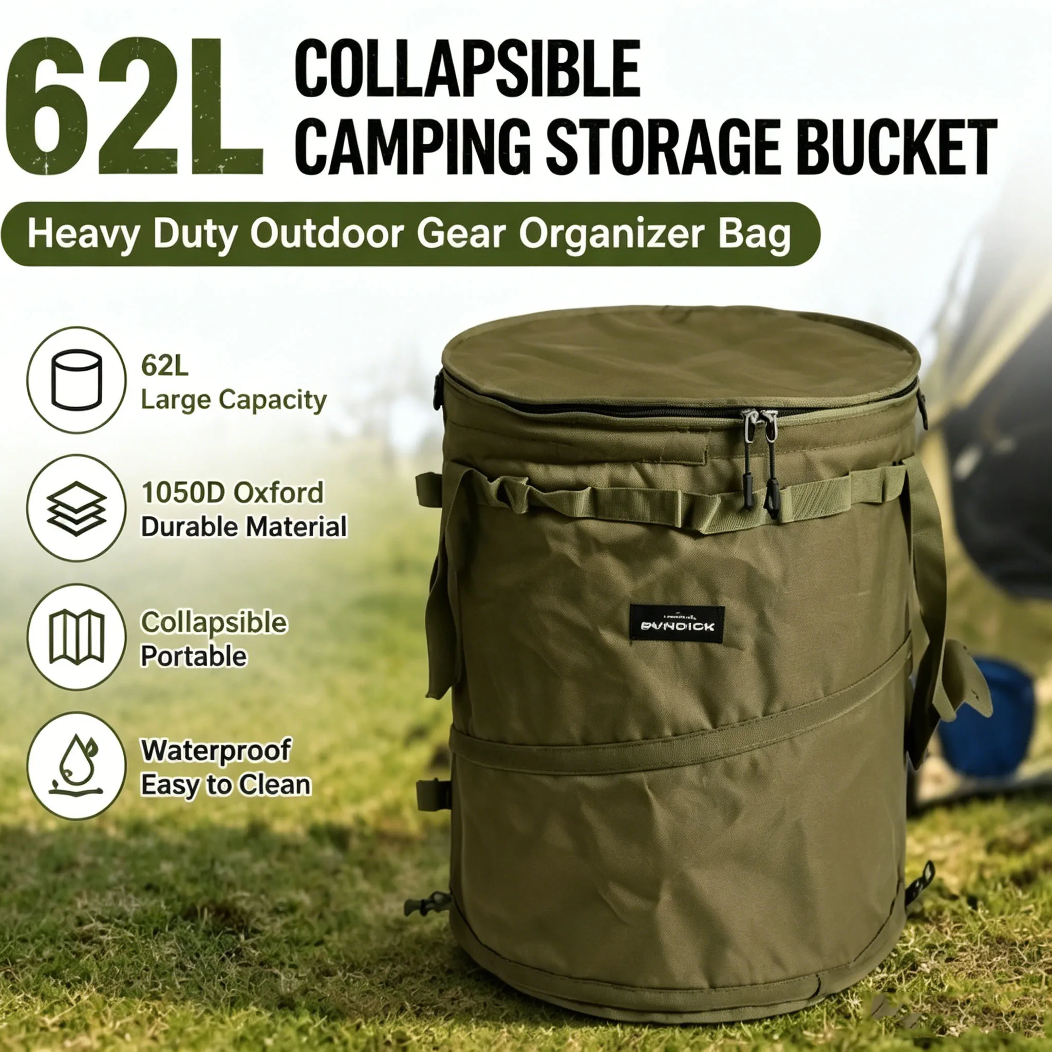 

62L Collapsible Camping Storage Bucket Heavy Dut Outdoor Gear Organizer Bag Portable Camping Trash Bin for Picnic RV Fishing