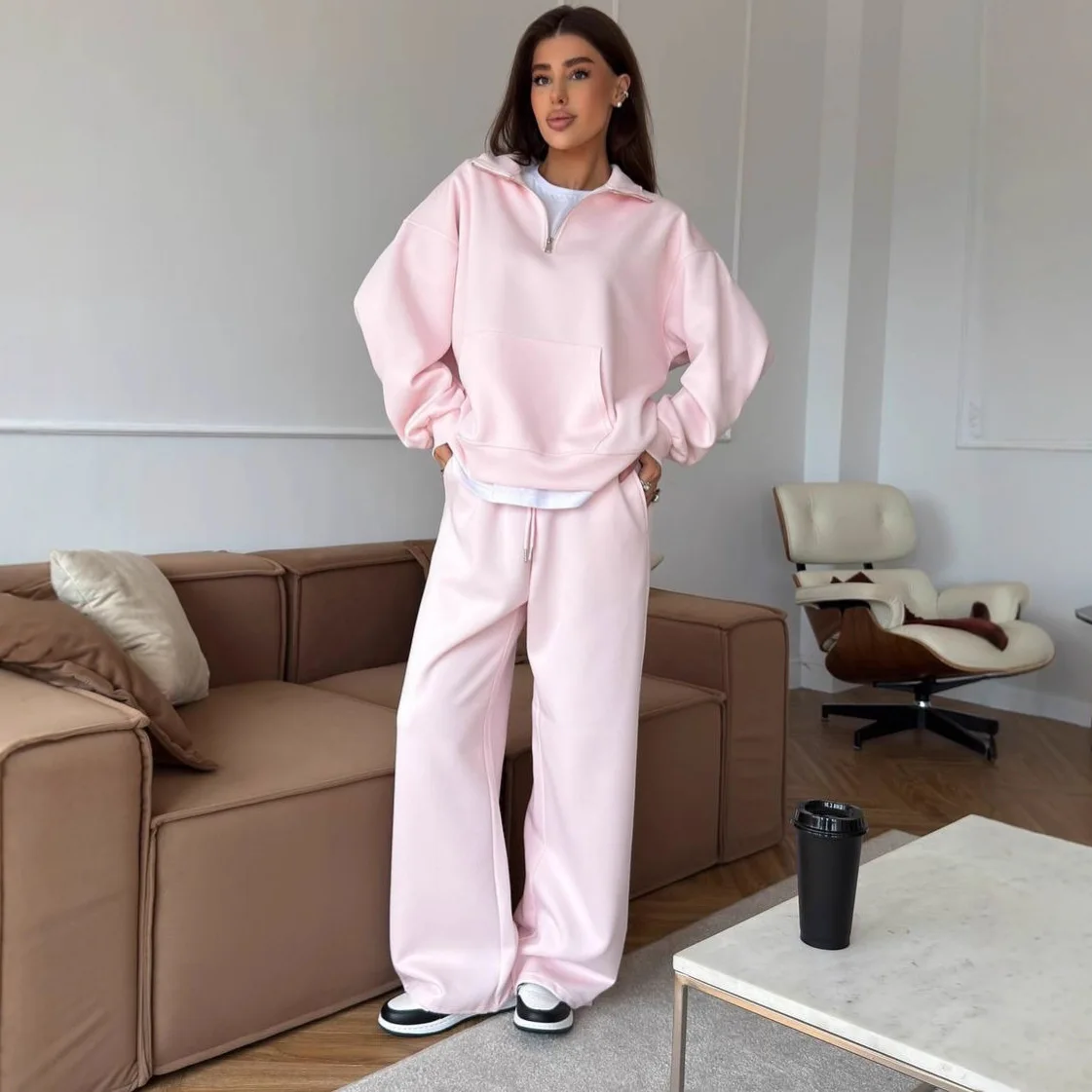 Women 2 Piece Tracksuit Solid Pocket Half Zip Sweatshirt And Jogger Pants Set Cotton Long Sleeve Pullover Casual Sports Outfits