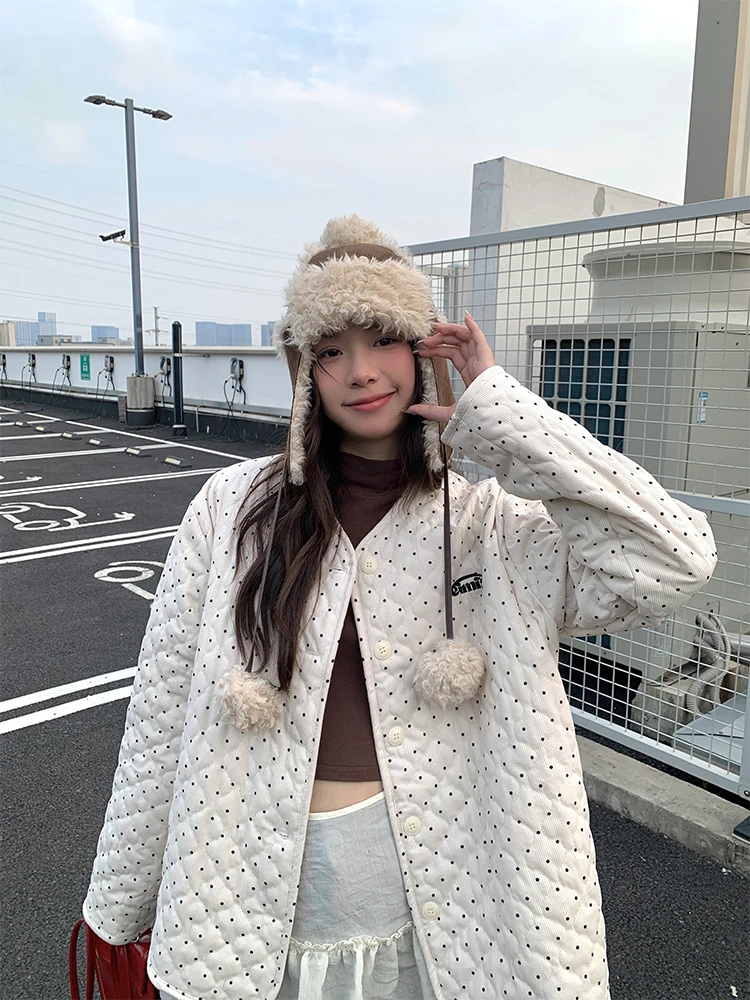 NIDEBLA Korean Sle Polka Dot Cotton Jaet Loose Fit Autumn Winter Women's Clothing Warm Personalized Corduroy Outerwear