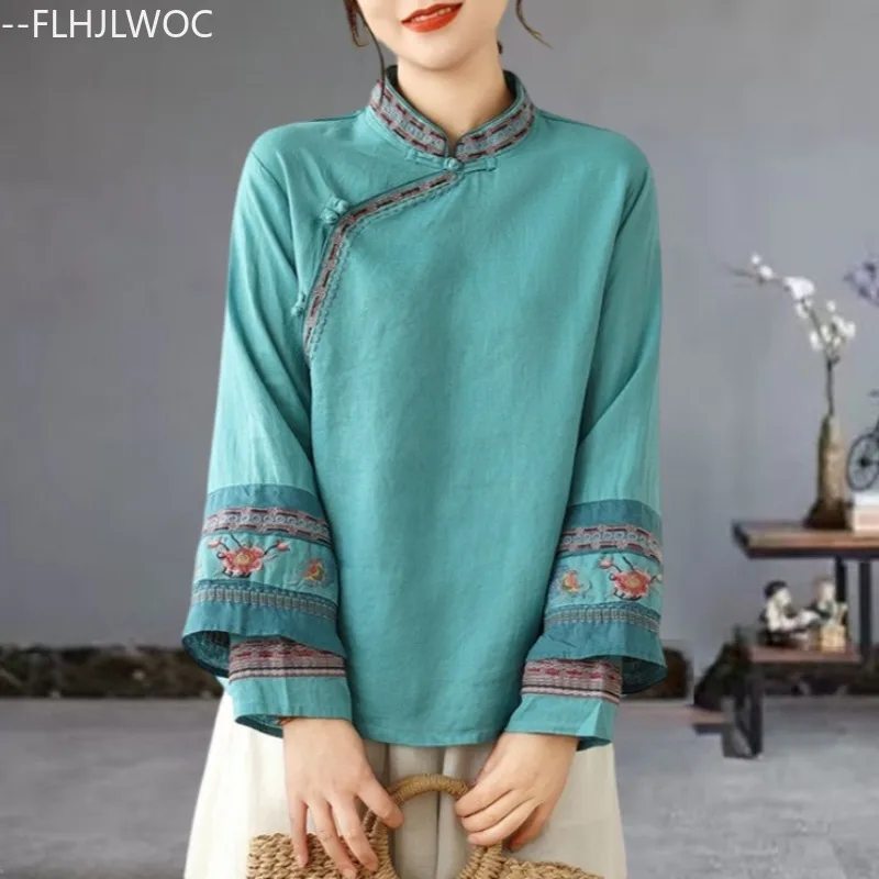 Cotton Linen Embroidery Tops Chinese Style Chi-pao Stand Collar Design 2025 Autumn Women Cute Elegant Retro Shirt Blouse Vintage