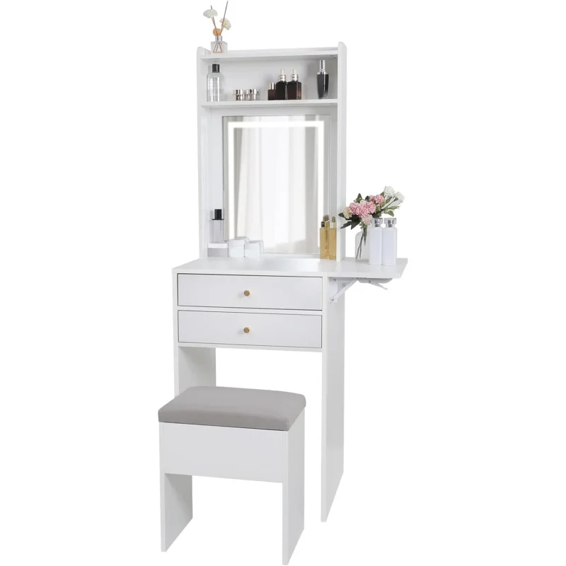 

ARTETHYS Desk Set With 3 Adjustable Lighted Mirror And Storage Chair, Makeup Vanity Table For Small Space, White Dr