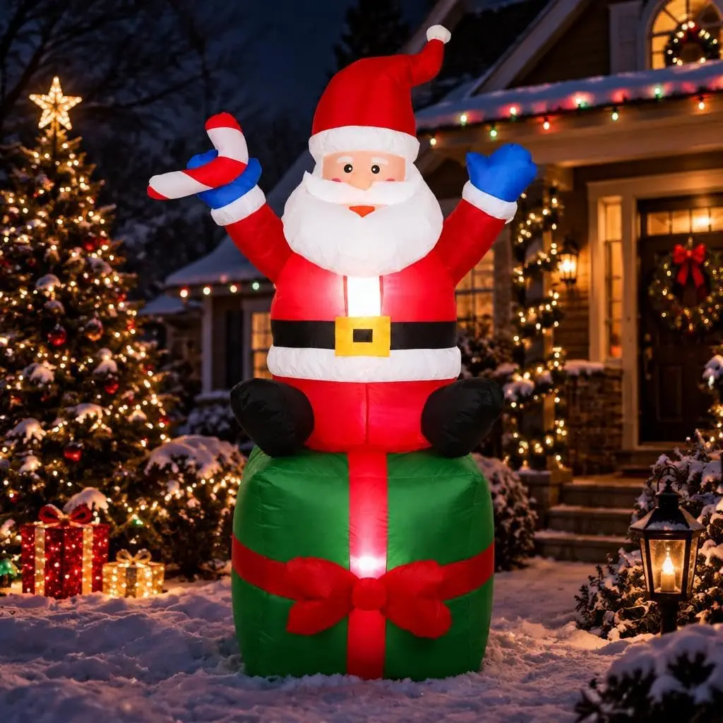 6 FT Christmas Inflatable Santa Claus on Gift Box with LED Lights Giant Weather-Resistant Blow-Up Christmas Yard Decoration for Lawn, Garden & Outdoor Xmas Décor
