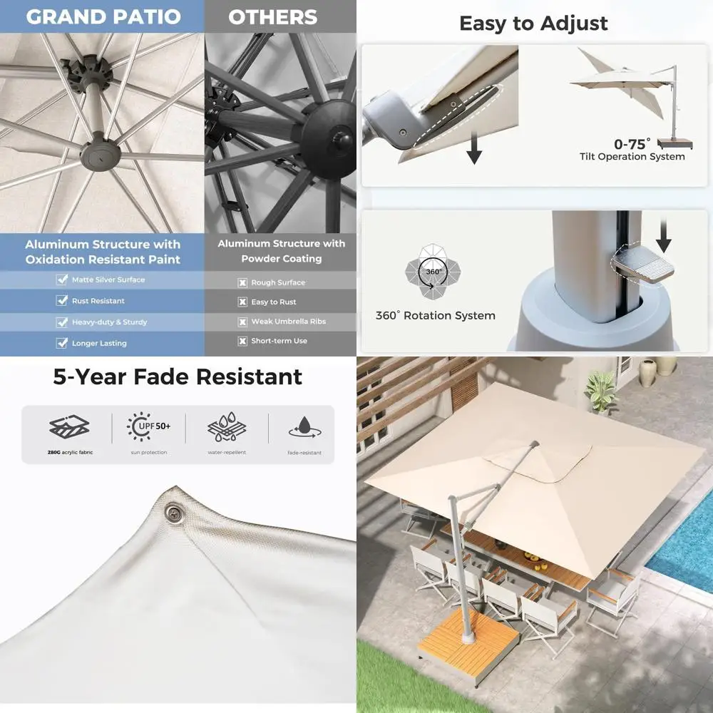 

10x13 ft Patio Umbrella with Base, Acrylic Outdoor Cantilever, 5-Year Warranty, Ideal for Poolside, Deck, Backyard, Gray Pole