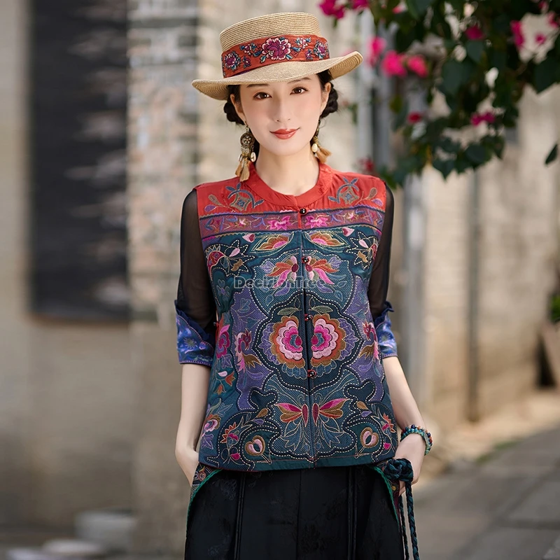 2024 new women chinese stand collar embroidery stickers embroidered waistcoat national style retro loose elegant short vest t001