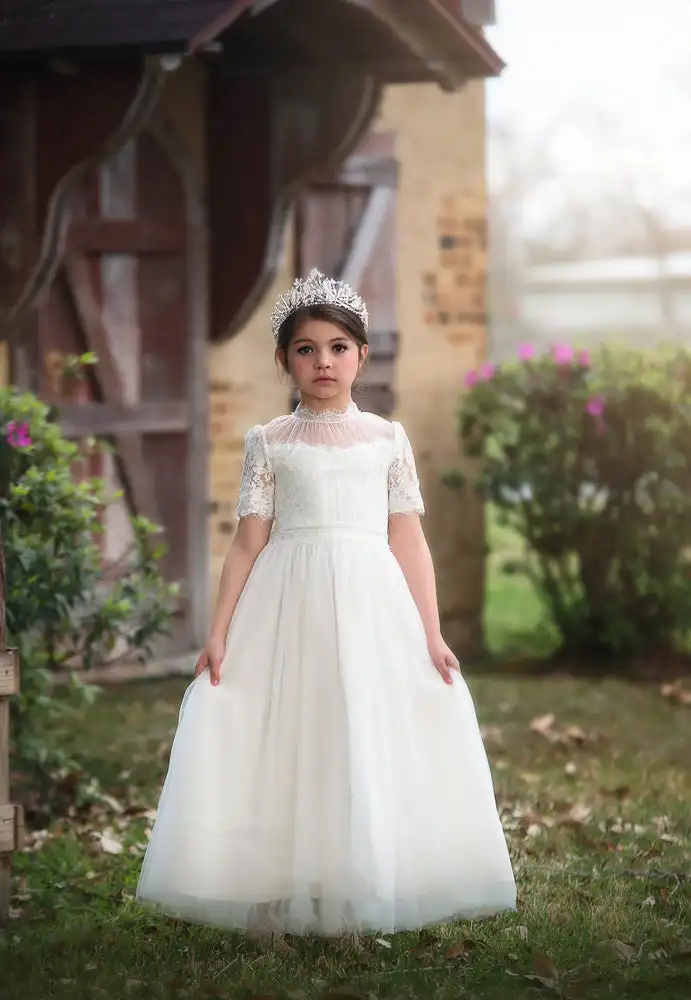 

Girls dress ivory lace sleeve birthday party communion dinner flower girl princess dress floor length