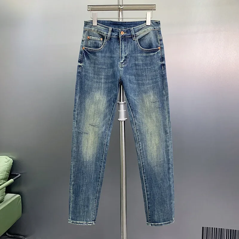 Celana Jeans pria 2024, celana panjang bisnis kasual katun lurus mode klasik regang ramping pakaian pria kualitas tinggi