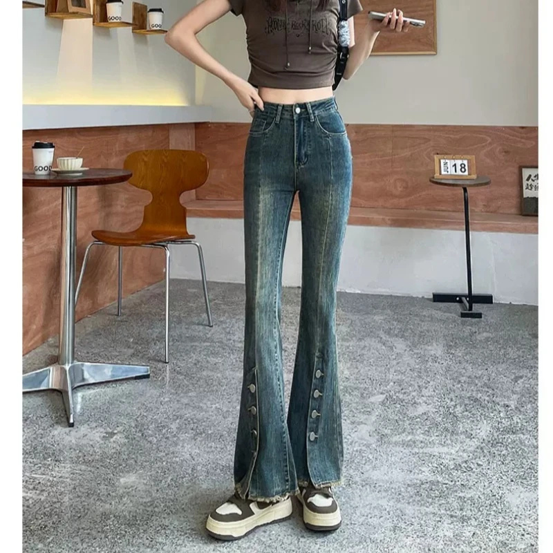 Retro Fringed Micro Flared Girls Chic Jeans with Elegant Women's Slit Multi-button Design Petite Flare Pants Figure-Flattering
