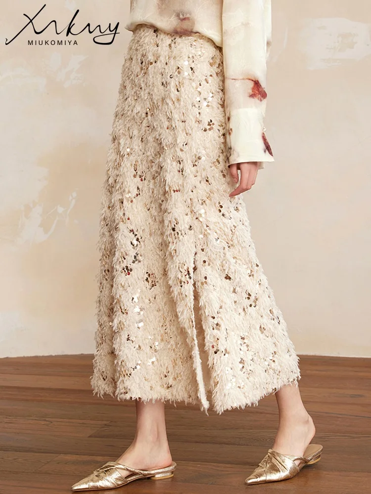 

MiuKoMiYa Черная юбка-миди с кисточками и блестками для женщин Зима-Весна Эластичная талия A Line Офисная одежда Женская юбка миди с пайетками, юбка с пайетками, юбка с пайетками женская