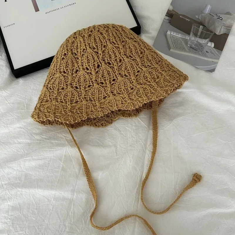 Chapeau d'été simple tissé à la main pour femme, casquette de soleil, respirant, creux, à lacets, document solide, pliable, tempérament, version coréenne, E27