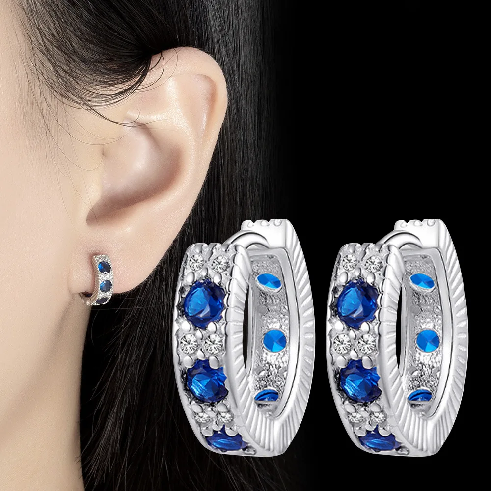 Luxury Round Created Blue Sapphire 925 Sterling Silver Geometric Hoop Earring for Women Fashion Statement Gemstone Jewelry Arete