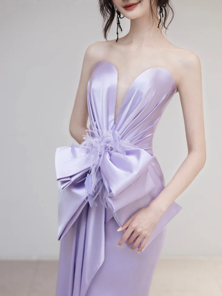 Purple 2024 New Elegant Prom Dress For Banquet Annual Meeting Stain With Bow Appliques V-neck Party Dress Vestido Evening Dress