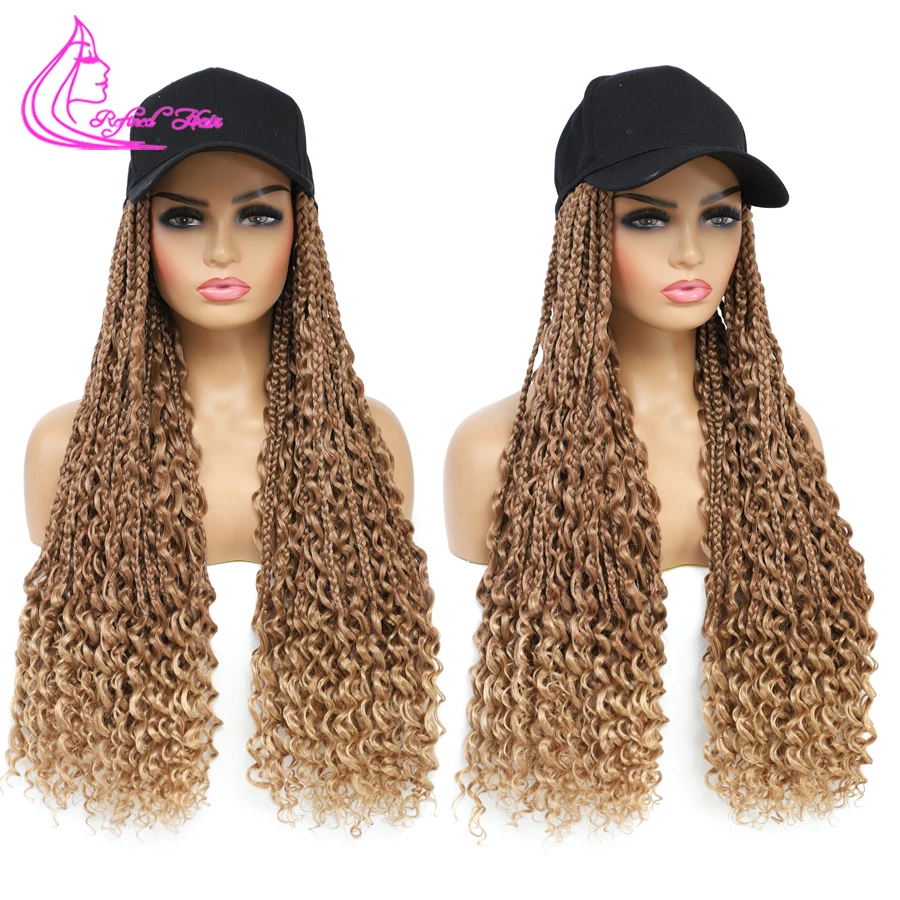 Hat Wigs Boho Box Braids with Baseball cap Attached For Woman Long Synthetic Braided Hair Wig For Black Woman Girls Black Brown