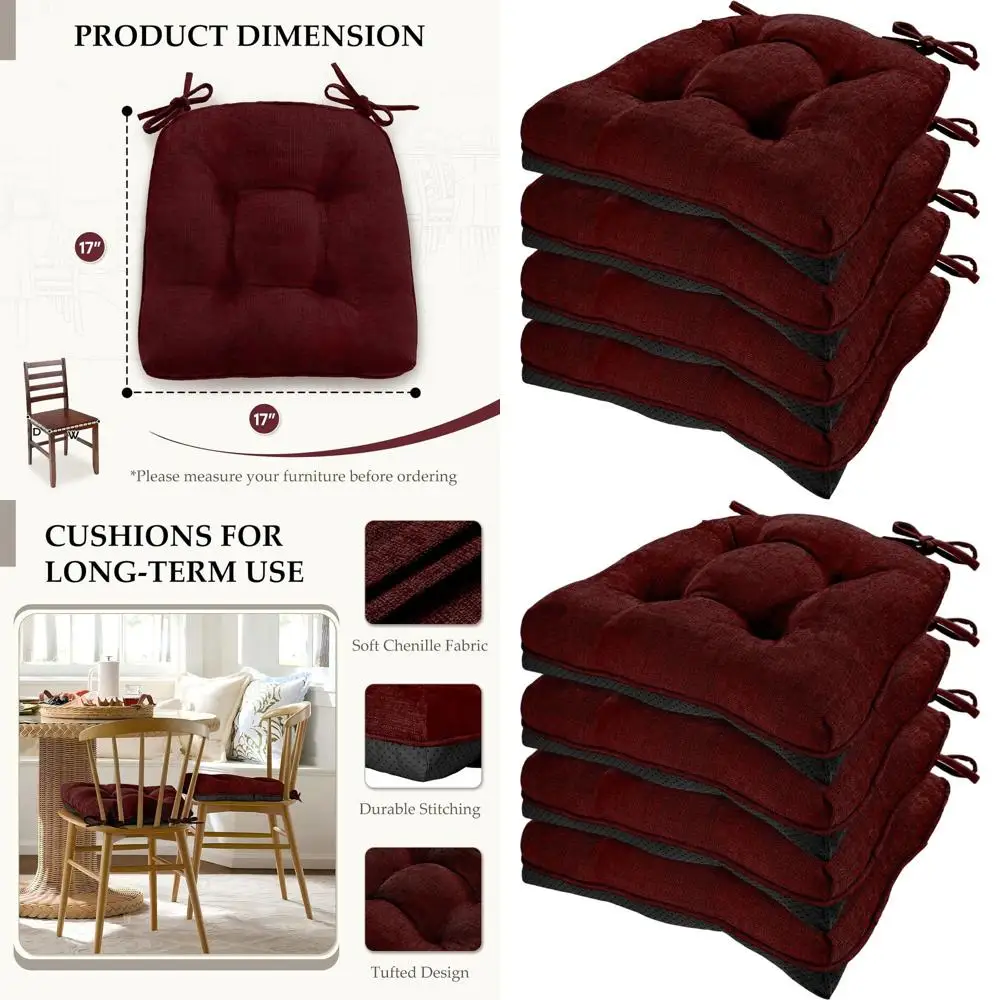 

Набор из 4 подушек для обеденного стула бордового цвета из синели с завязками и нескользящими подушечками из пенопласта, 17 x 17