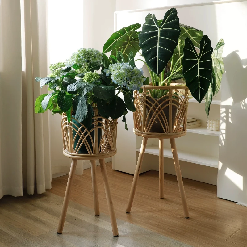 Vintage Rattan Woven Plant Stand for Balcony Floor Flower Pot Holder for Potted Plants Rustic Display Rack Indoor Greenery Decor