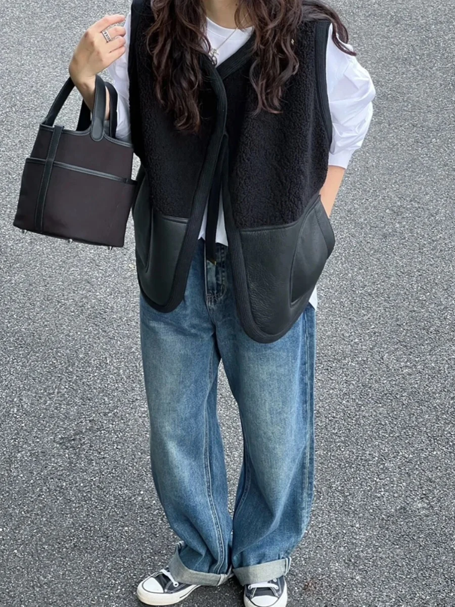 Street Sle Faionable gelaagd lamsbontvest dames herfst winter ontwerp uniek patchwork lederen jaet bovenkleding trendy