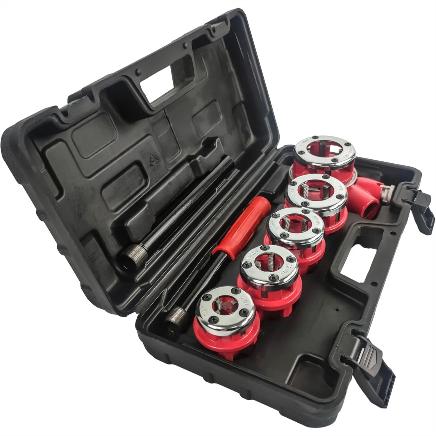 

Ratchet Pipe Threader Kit, 5 Dies (3/8"-1-1/4") Ratcheting Pipe Threading Tool Set with Ergonomic Handle for Galvanized & Iron