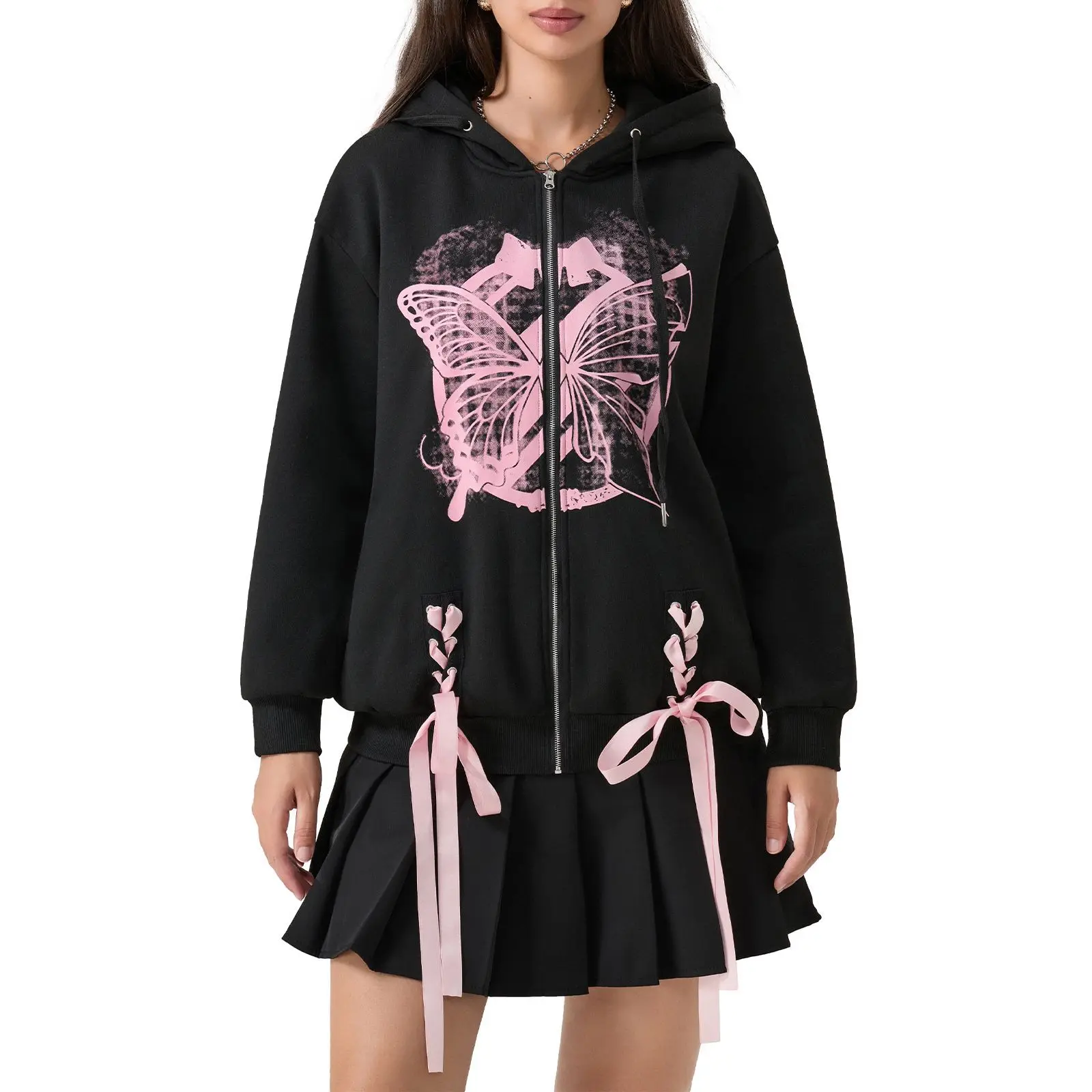 

2025 Autumn and Winter New Butterfly Print Sweater Hooded Loose Zipper Heavy Industry Top
