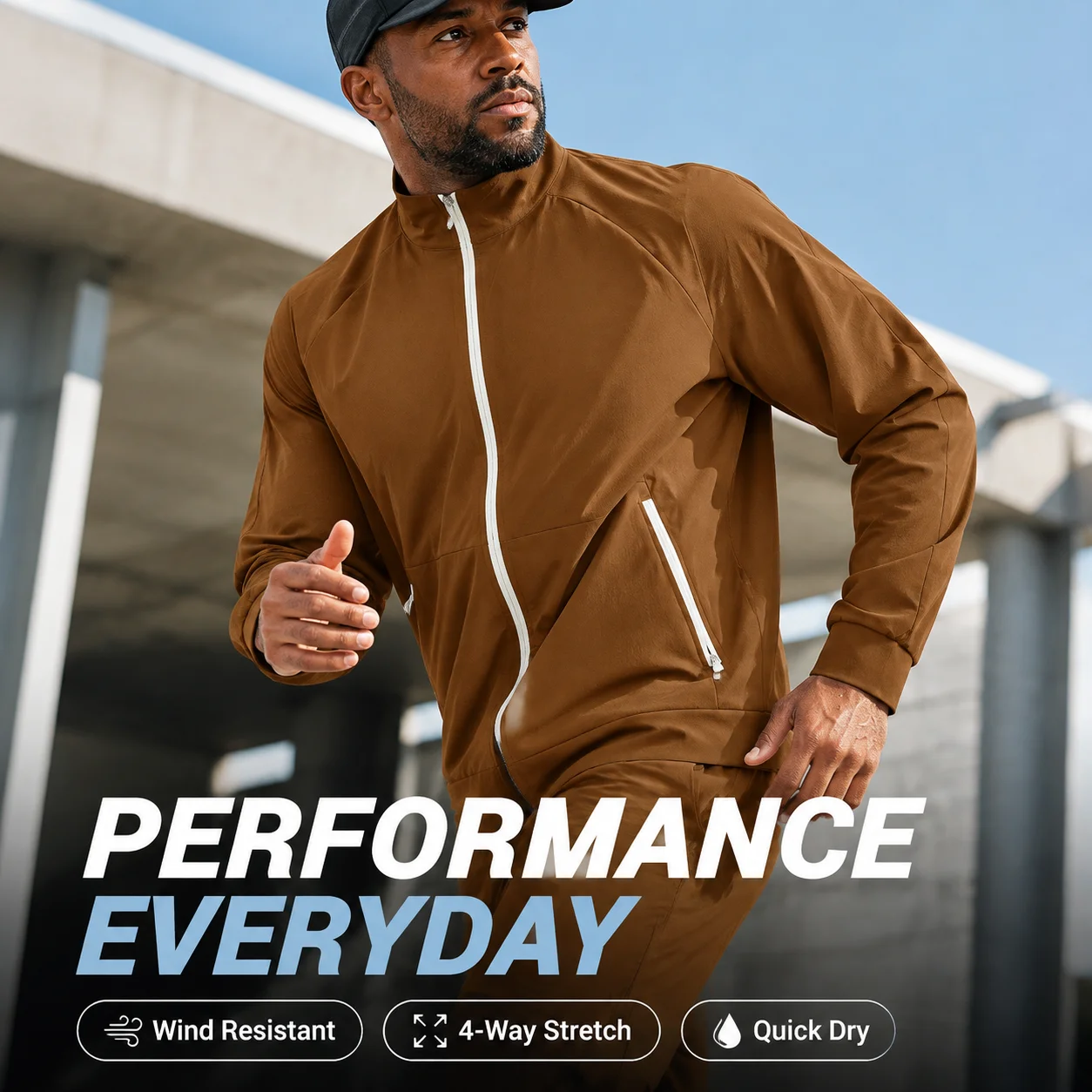 Men's Track Jacket with White Piping, Wind Resistant Full Zip Running Top, 4-Way Stretch Quick Dry Golf Jacket with Pockets