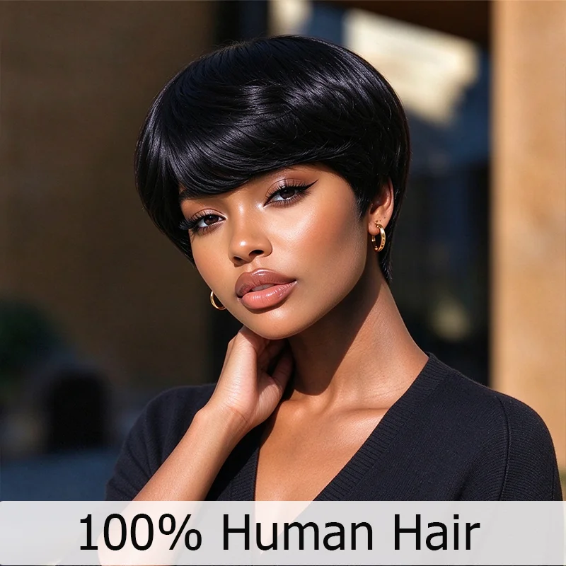Human Hair Pixie Cut Wig with Bangs Full Machine Made Human Hair Short Straight Layered Black Hair Wig, Elastic for Daily Wear