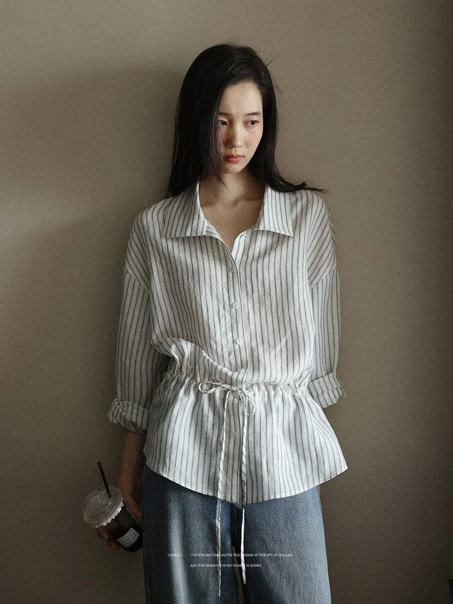 

Lalaglow Korean Sle Slimming Stripe irt Women's Early Spring Dstring Waist Tu in Long Sve Casual Faion