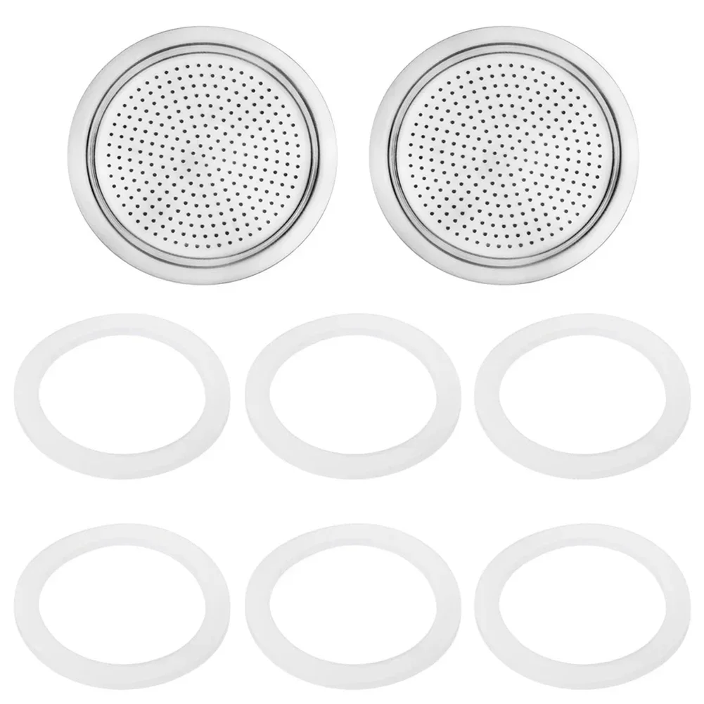 

Moka Pot Essentials Complete Replacement Set of Two Filters and Six Silicone Gaskets for Enhanced Brewing Efficiency