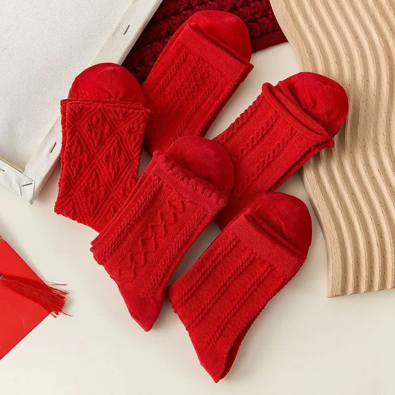 1/5 Pair Women Red Long Socks Fashionable Chinese New Year Style Diamond Grid Texture Soft Comfortable All Season Casual Socks