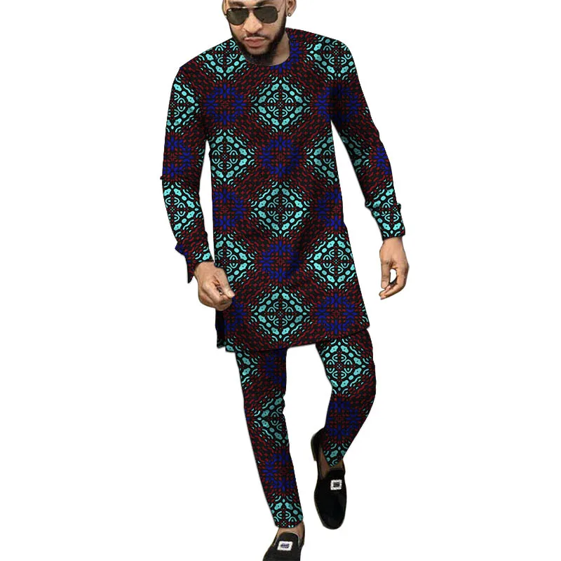 طقم ملابس رجالية أفريقية بأكمام طويلة مع بنطلون نيجيري موضة شمع طباعة ملابس حفلات الزفاف للرجال #2