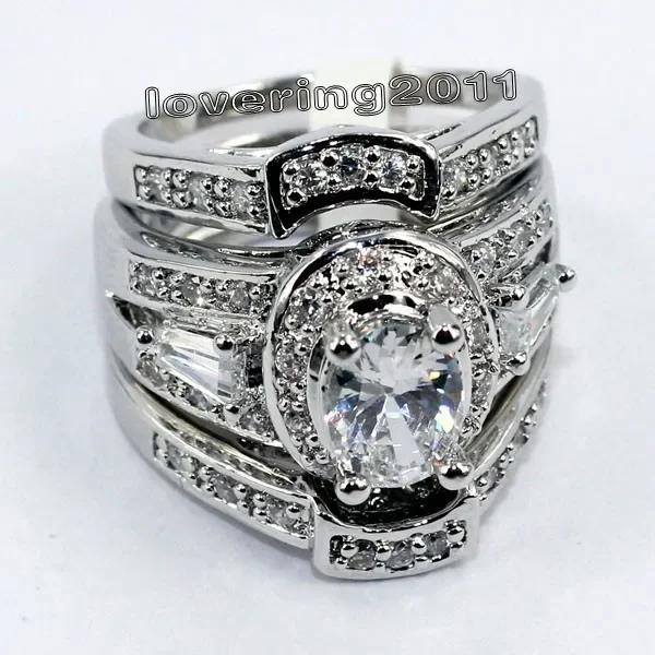 choucong Vintage 7mm*5mm Stone 5A Zircon stone 14KT White Gold Filled Lovers 3-in-1 Engagement Wedding Ring Sz 5-11 Gift