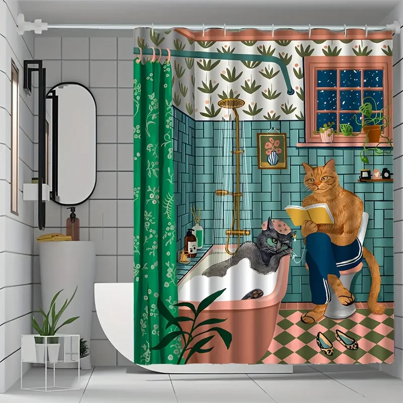 

Anthropomorphic Cat Bathroom Scene Shower Curtain 72x72 Polyester Washable with 12 Hooks