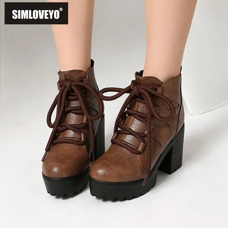 SIMLOVEYO 2025 Vintage Ladies Ankle Boots Round Toe Block Heels 9cm Platform 3cm Lace Up Plus Sizes 43 44 45 46 Daily
