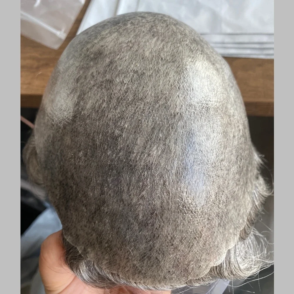 1B65 1B80 شعر بشري رمادي للرجال شعر مستعار خط شعر طبيعي متين كامل الجلد قاعدة رجل الباروكات 120 الكثافة 30 مللي متر وحدات نظام الشعر المموج #6