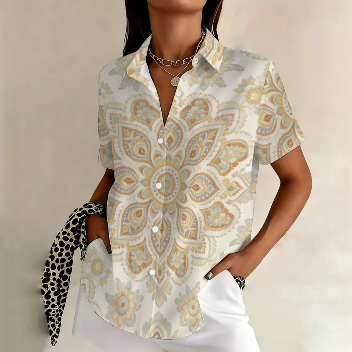 

Summer women's plus-size short-sleeve shirt, exotic and delicate pattern,elegant and retro,perfect for literary events and dates