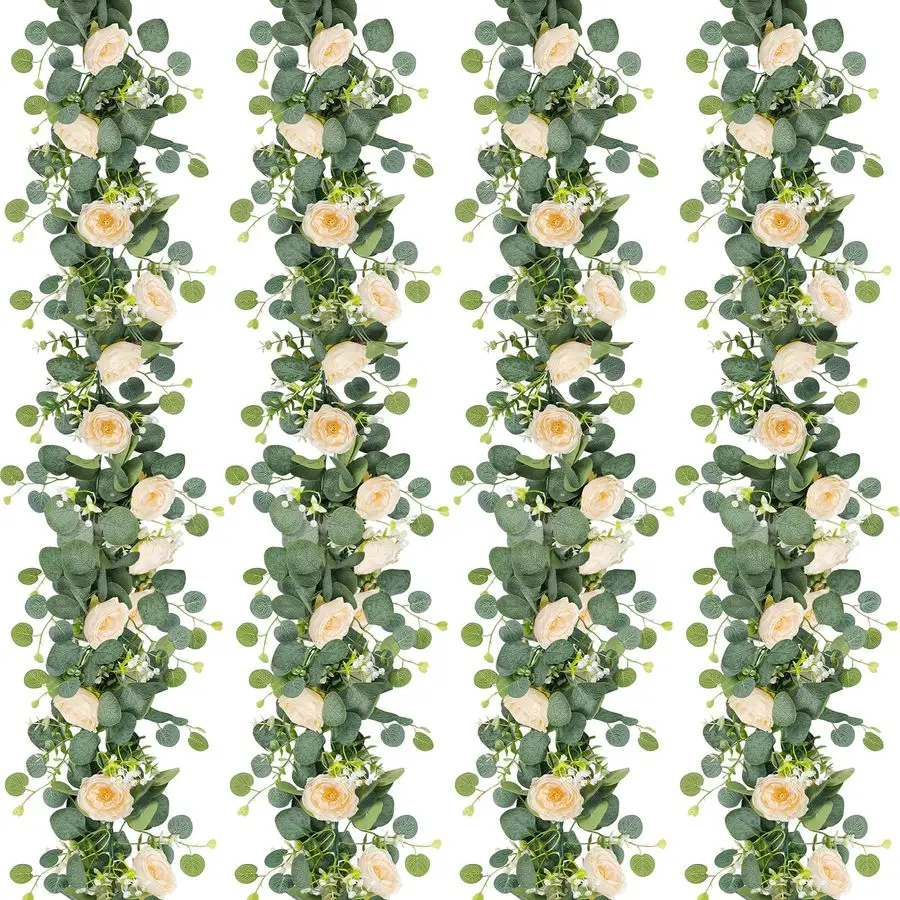 

Набор из 4 гирлянд длиной 24 фута: искусственный эвкалипт с розами цвета шампань, декоративные цветочные вьющиеся гирлянды для свадеб