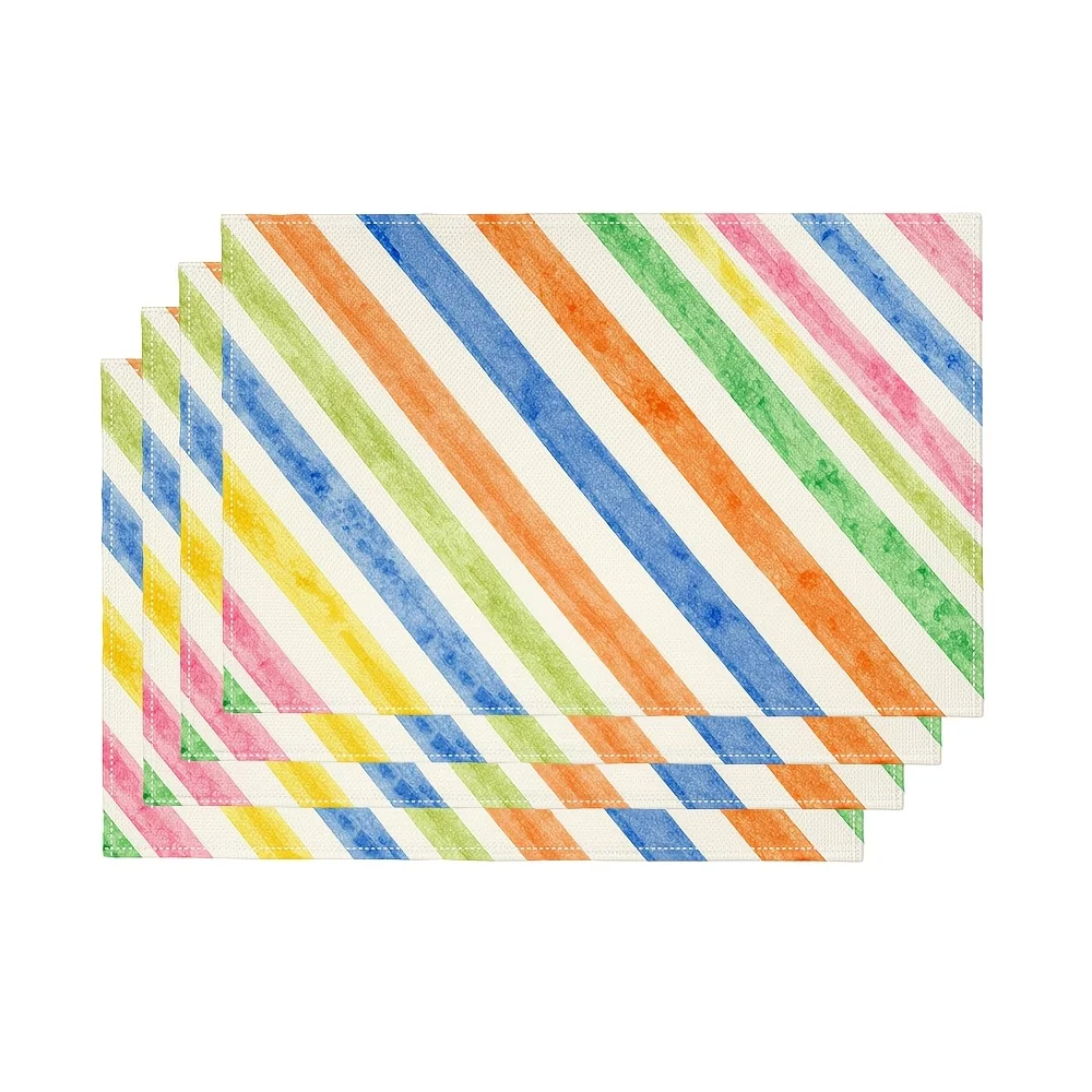 Christmas Placemats Set Rainbow Striped Printed Cushion 4Pcs Linen Watercolour Geometric Kitchen Dining Room Table Decor