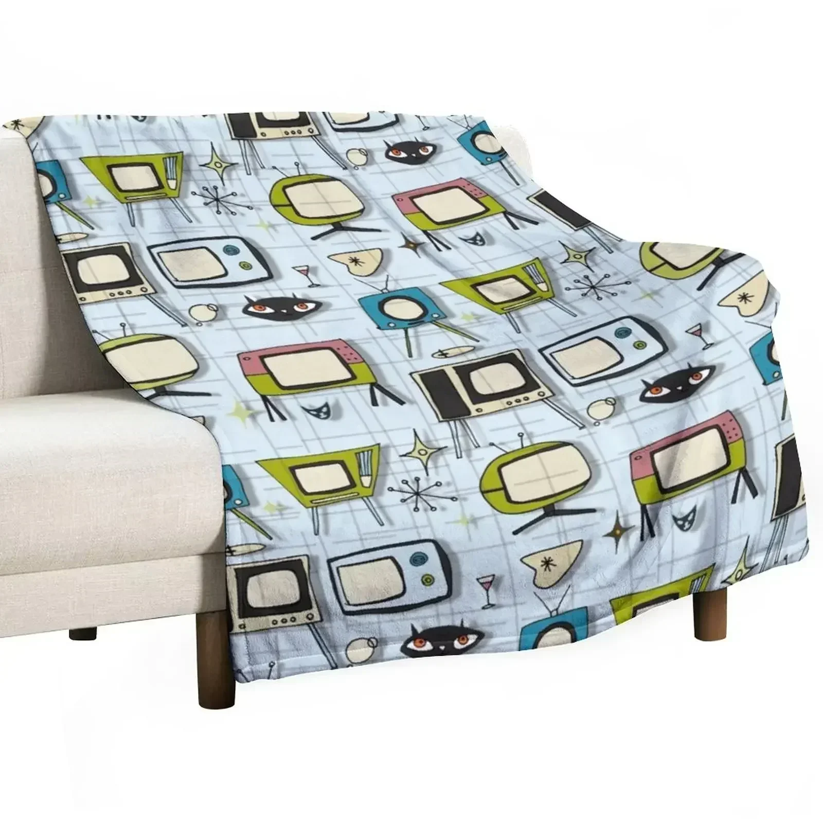 Retro Tv Blue #midcentury Throw Blanket Bed covers Soft Beds valentine gift ideas Beach Giant Sofa Bed Blankets