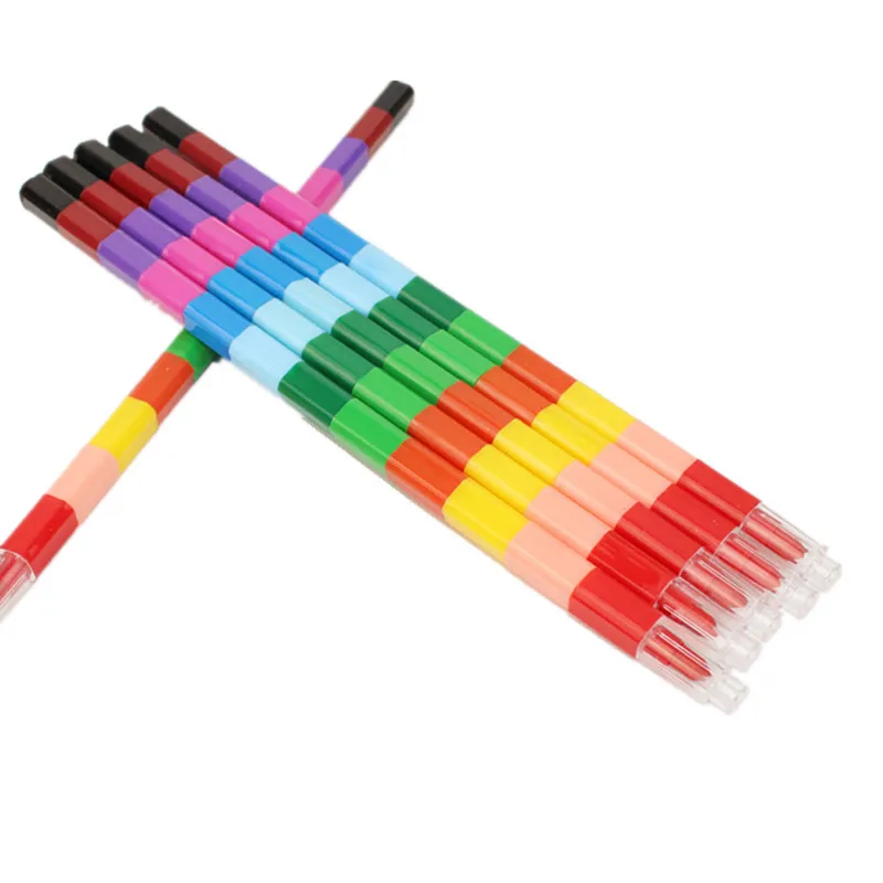 12pcs Rainbow Pencils 12 Colors Stackable Crayons Set Pencils Office School Writing Tools DIY Graffiti Building Blocks Crayon