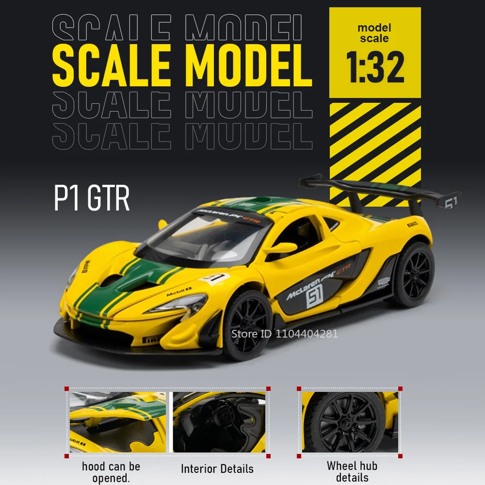 

1:32 P1 GTR Sian Model Toys Alloy Diecast Sport Car Doors Opened Rubber Tire with Acrylic Box Collection Decoration for Kid Gift