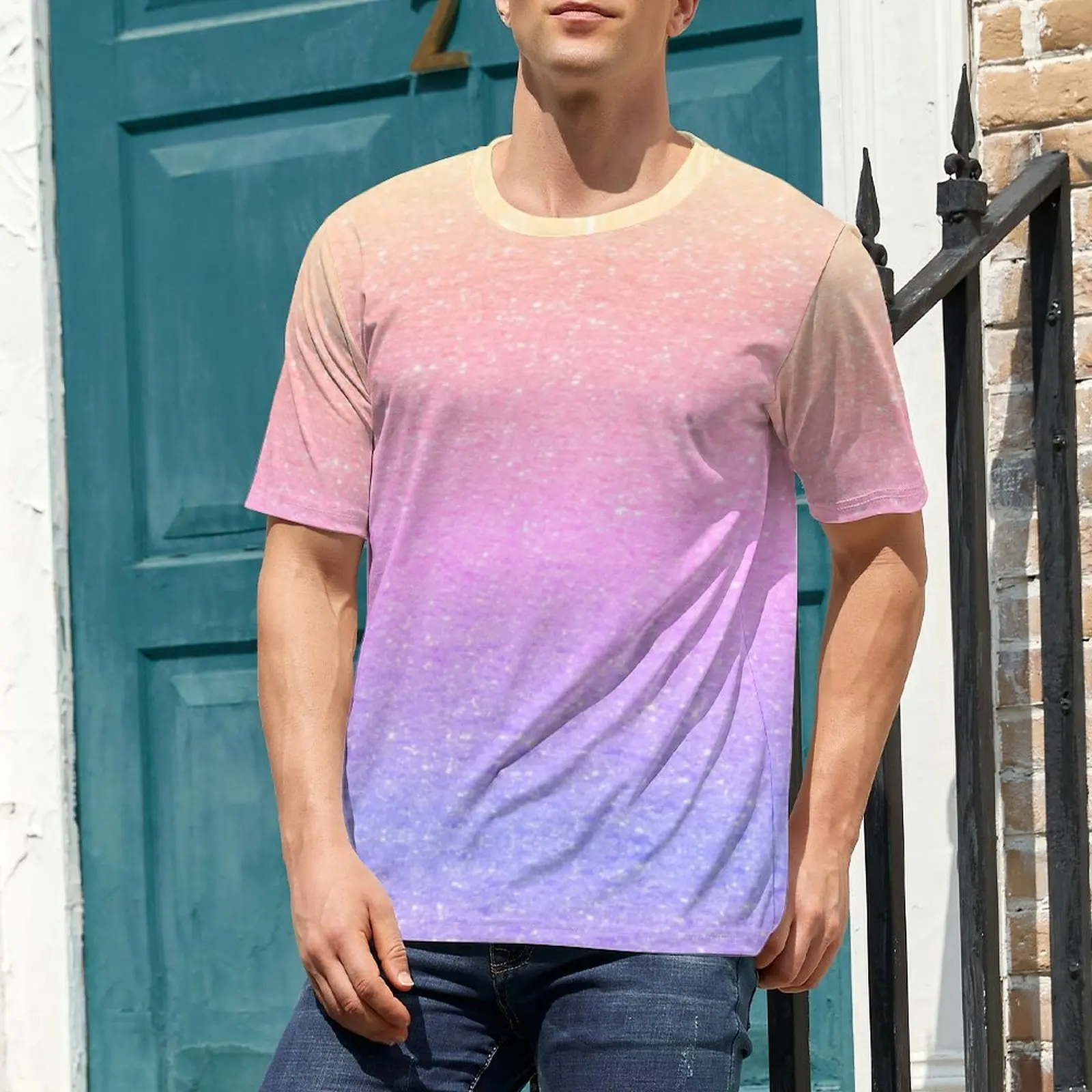 Oversized T-Shirt Premium Ombre Glitter Print T Shirts Elegant Multicolor Y2K Fun O-Neck Tee Shirt Men Harajuku Graphic Top Tees